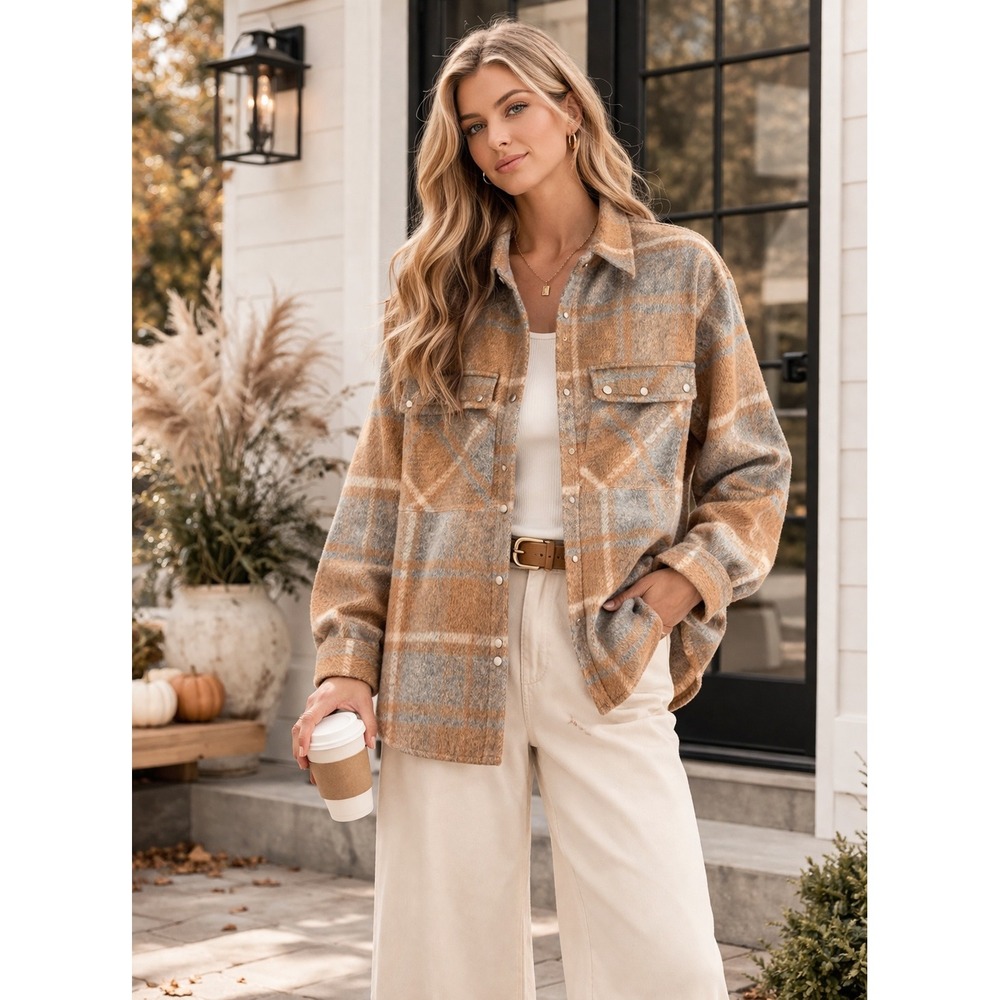 BLANKNYC Womens Wool‎ Blend Plaid Shacket Shirt Jacket Tan Gray Small 02LS5629